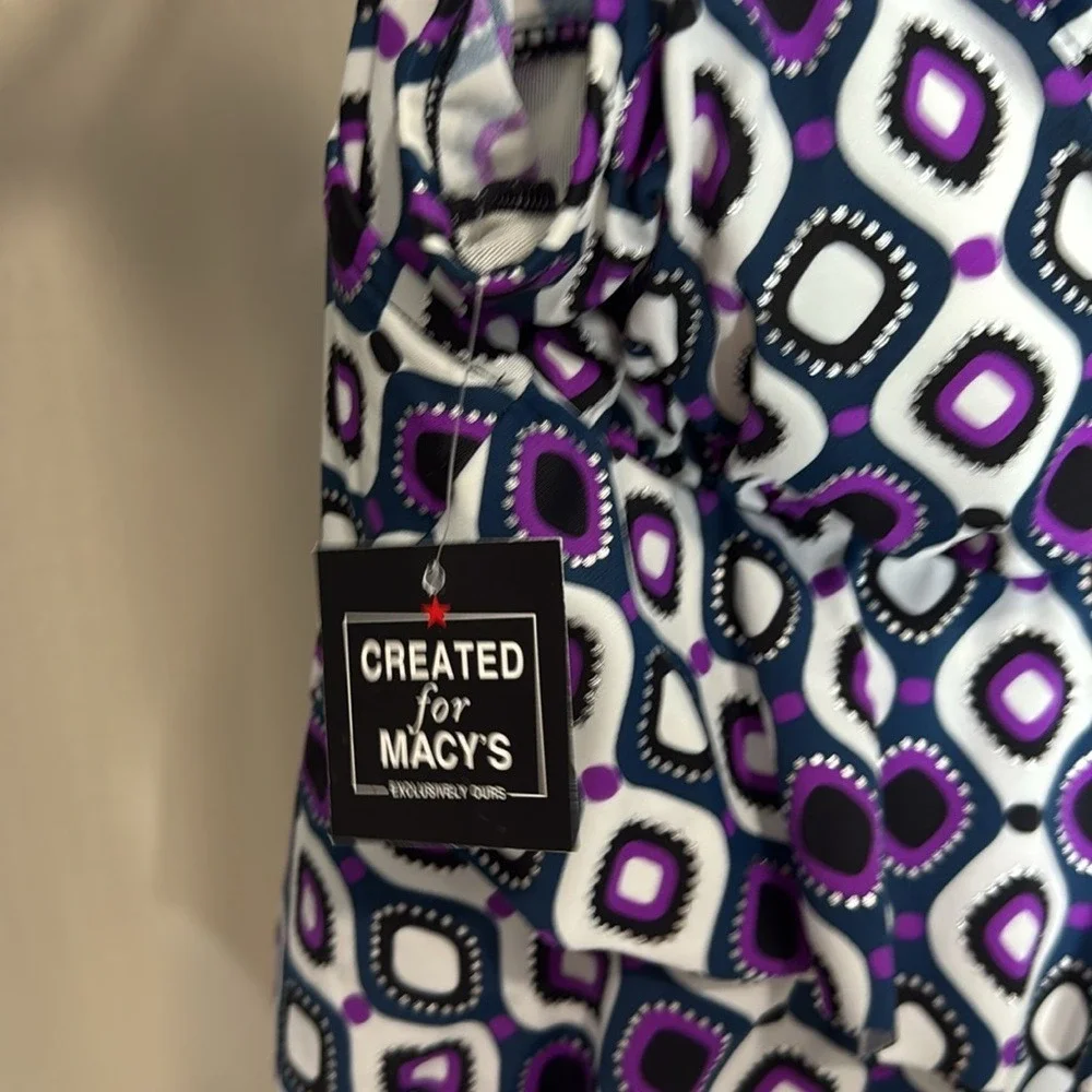 Swim Solutions Triple Tier Fauxkini Tankini Top Purple Geometric Mod 8 NEW - Picture 2 of 4